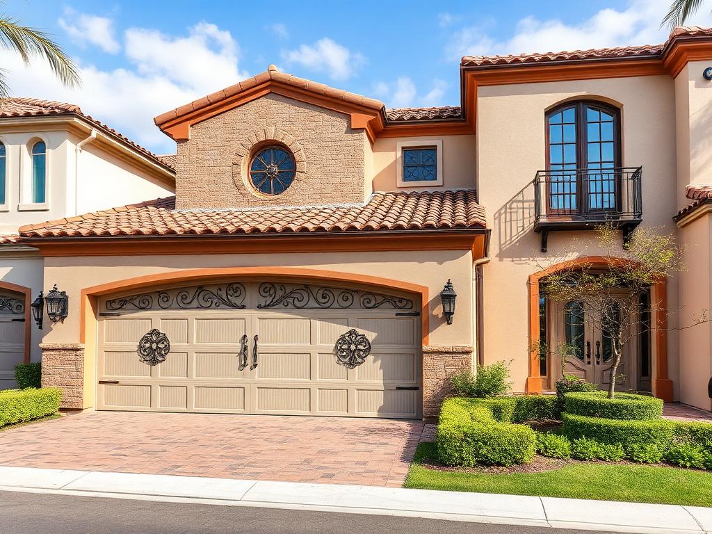 Spanish colonial style garage door with decorative iron grilles on luxury home