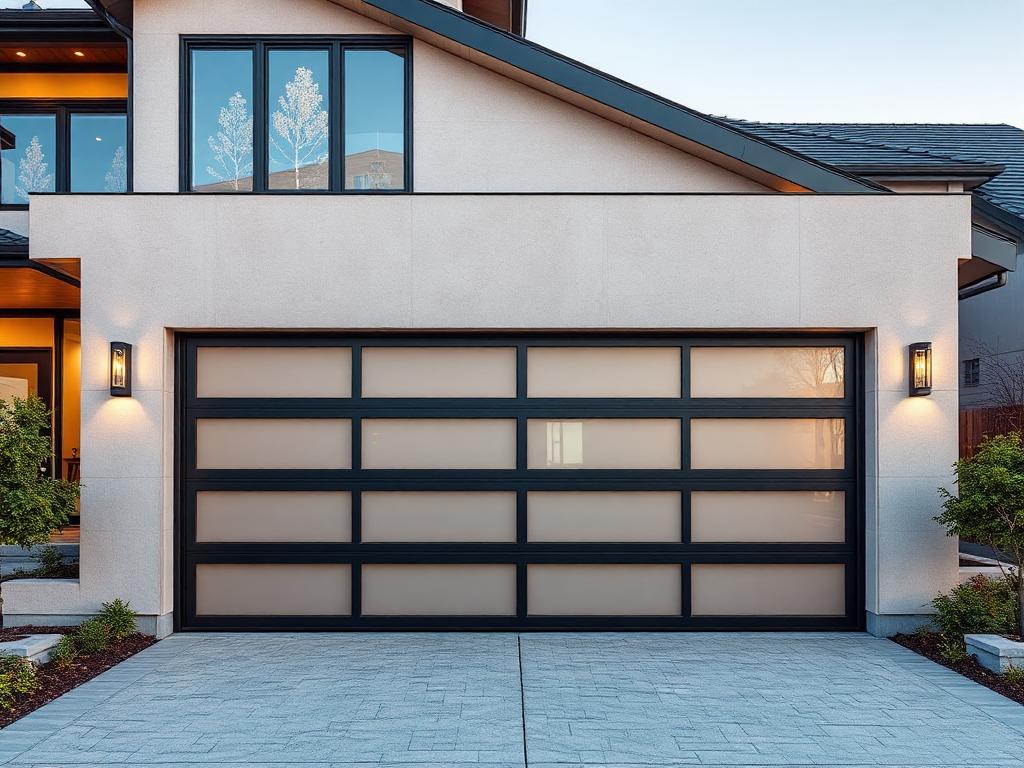Modern contemporary steel garage door with frosted glass panels