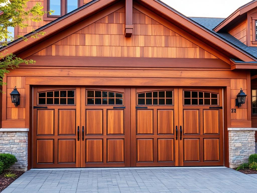 Traditional carriage style wooden garage doors on craftsman home