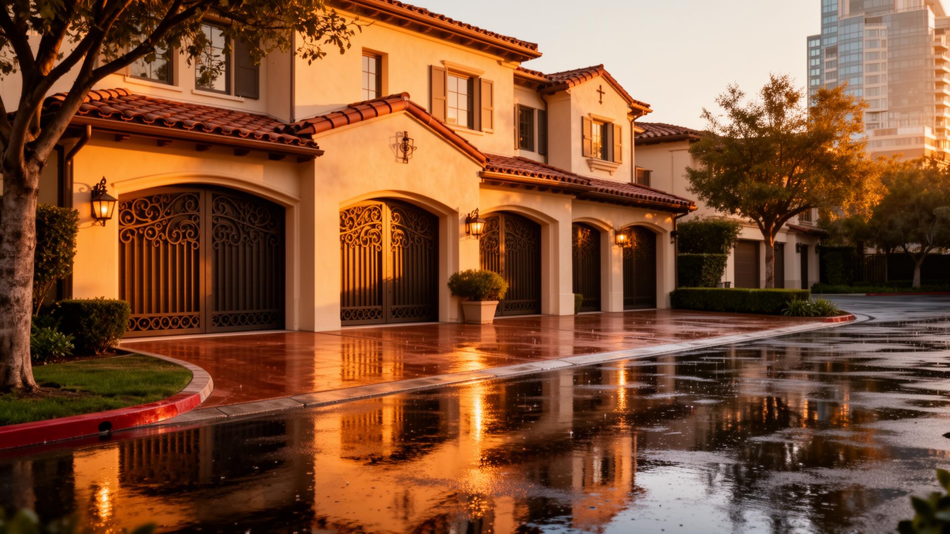 Professional Spanish colonial style garage doors with decorative iron grilles on luxury townhouse